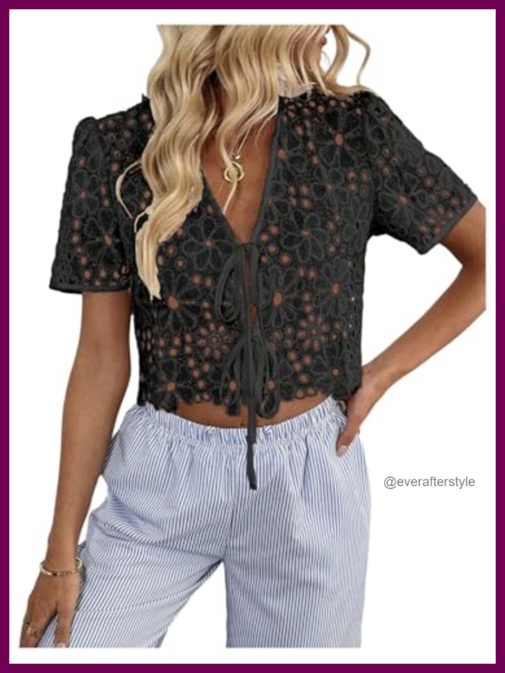 Women's Boho Floral Embroidery Tie Front Crop Top Lace Trim Short Sleeve
